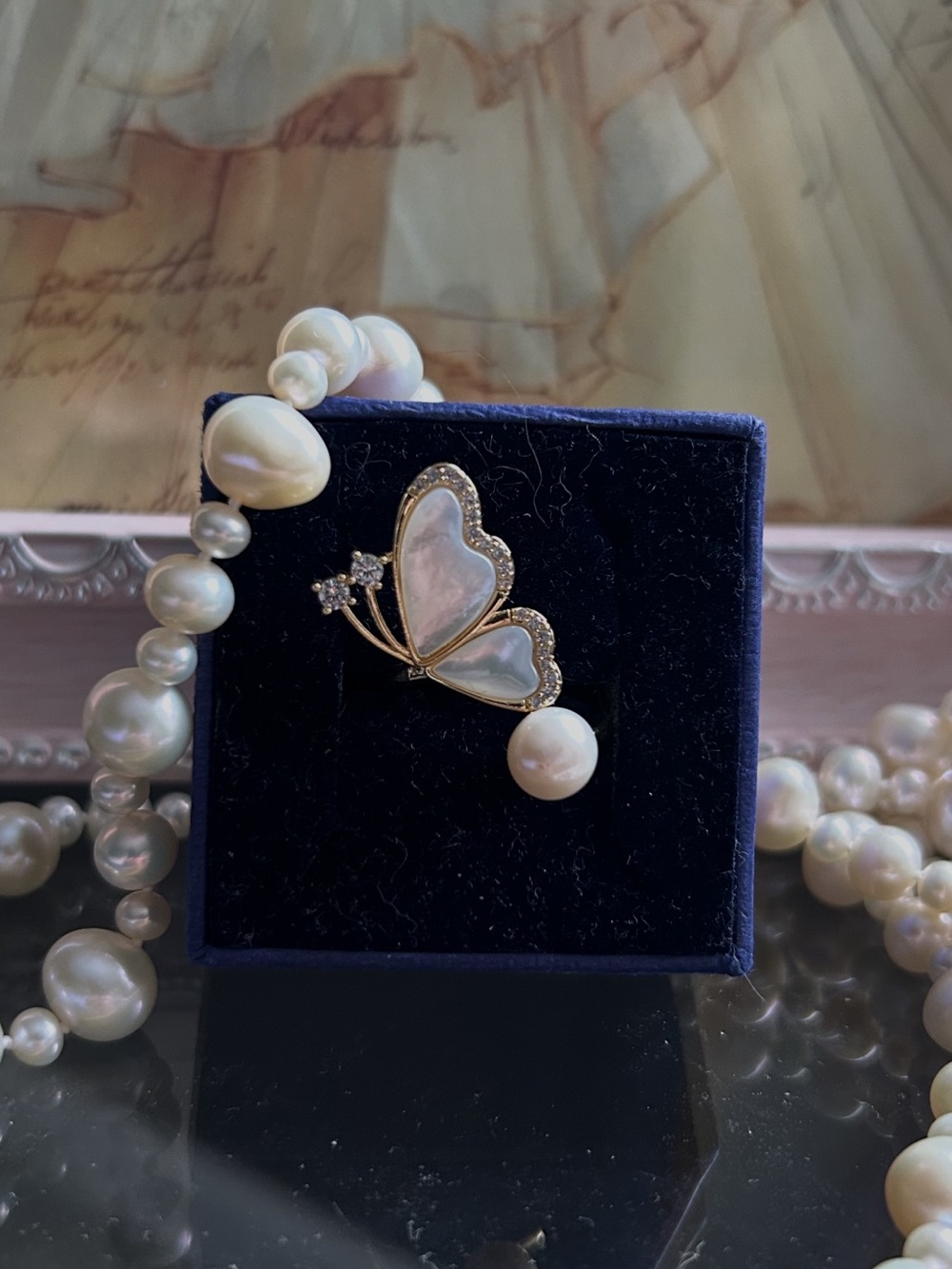 Pearl - Mother-of-Pearl and Rhinestone Butterfly Ring- White Pearls, Gold Tone